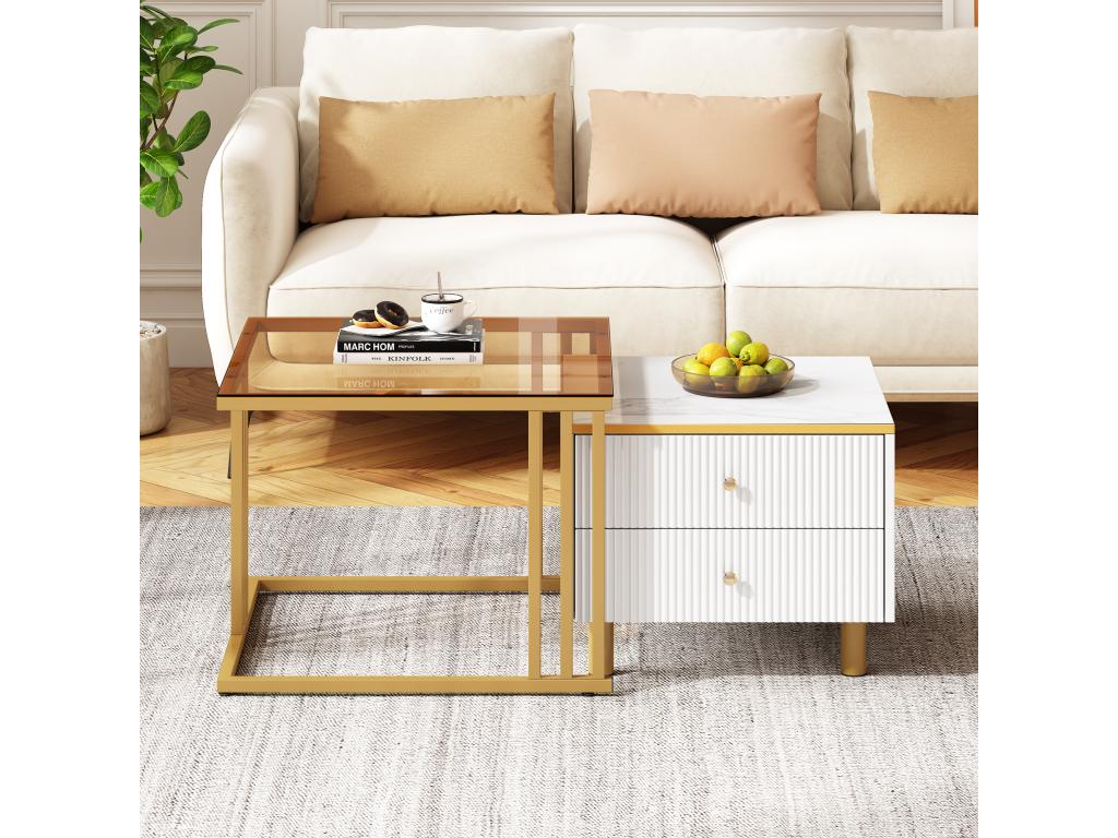 Lot de 2 tables basses gigognes carrées avec 2 tiroirs - 59.5x60x45.6cm 50x50x40cm - Motif à marbre - Bois MDF et métal - Blanc or HOUI94760