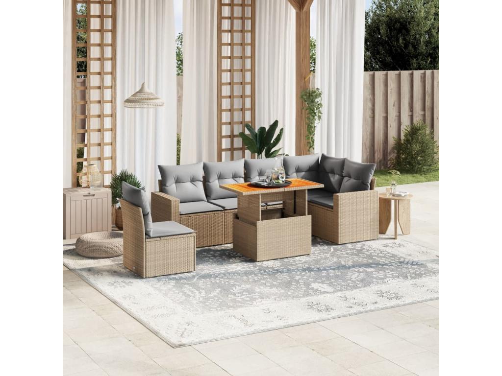7-piece garden furniture set with cushions, beige woven resin MDHA16781
