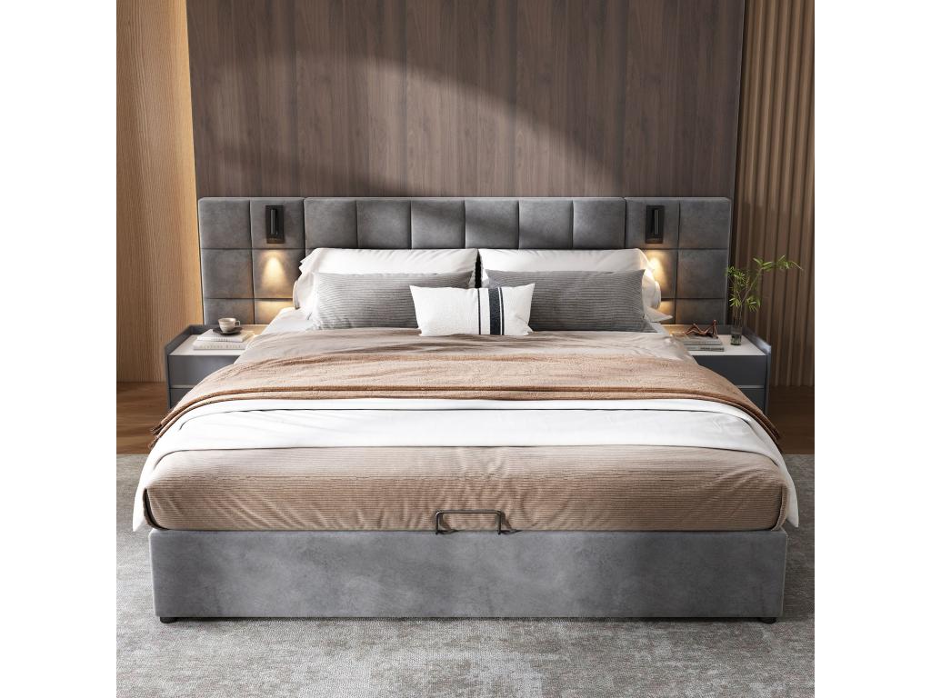 Hydraulic storage bed 140x200 cm with directional Domopureère and USB charger, without headboard, grey velvet ZBJQ01382