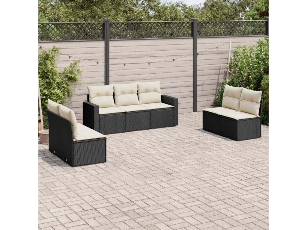7-piece garden furniture set with cushions, black woven resin ZCJO63324