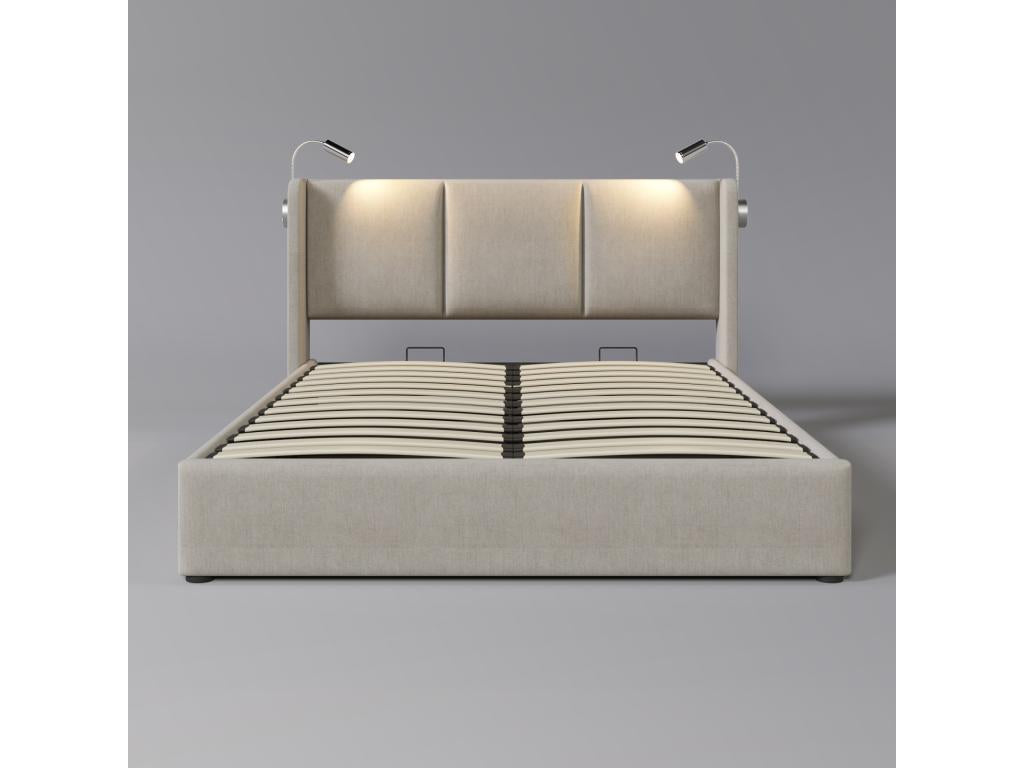 Hydraulic bed with reading light - 140x200 cm - USB charging and large storage - Linen - Beige YTOX64950