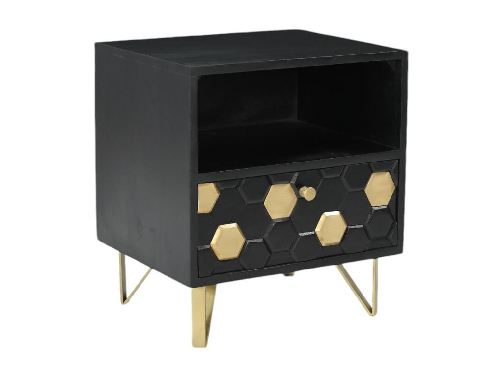 Table de chevet 1 tiroir et 1 niche - Bois de manguier et métal - Noir et doré - Decohaute HYPX58263