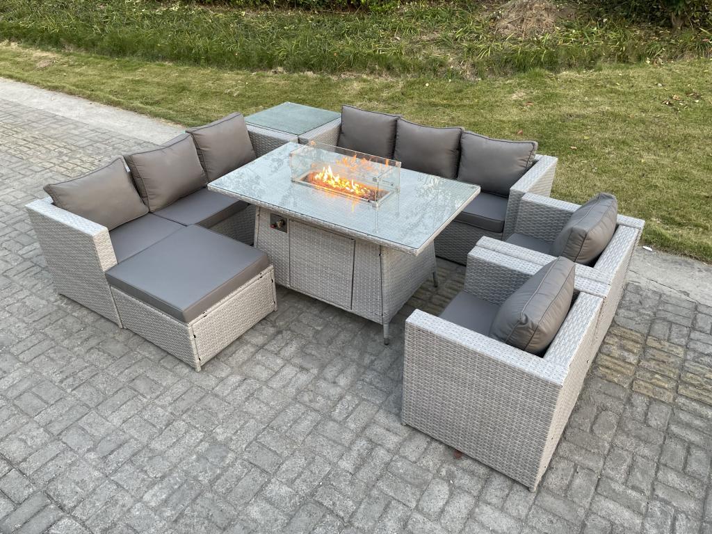 Table de foyer à gaz Ensemble de meubles de jardin en rotin ave 2 canapé 2 Fauteuil Table d'appoint Tabourets Gris Clair PSQL64003