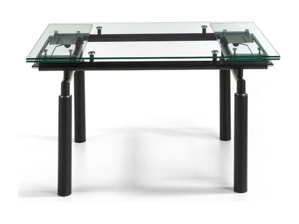 Chicyla extendable designer dining table with clear glass and black metal legs, 140 to 200cm OJAJ84316