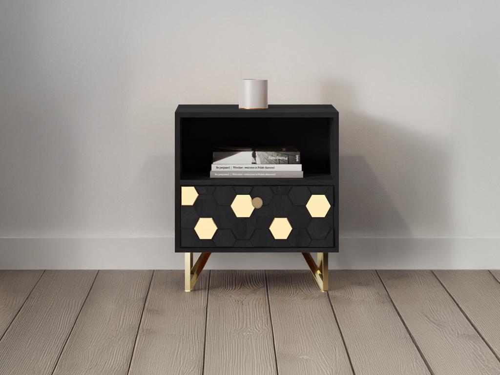 Table de chevet 1 tiroir et 1 niche - Bois de manguier et métal - Noir et doré - Decohaute HYPX58263