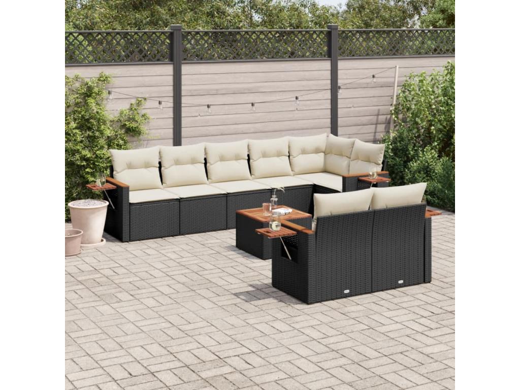 9-piece garden furniture set with cushions, black woven resin SBTM47353