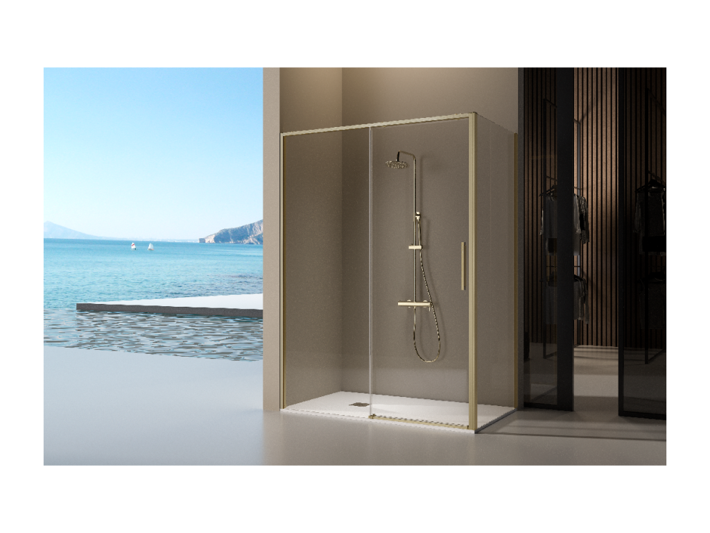 Paroi de douche dorée fixe porte coulissante Domopure or brossé 111-113.6 cm VYGH74838