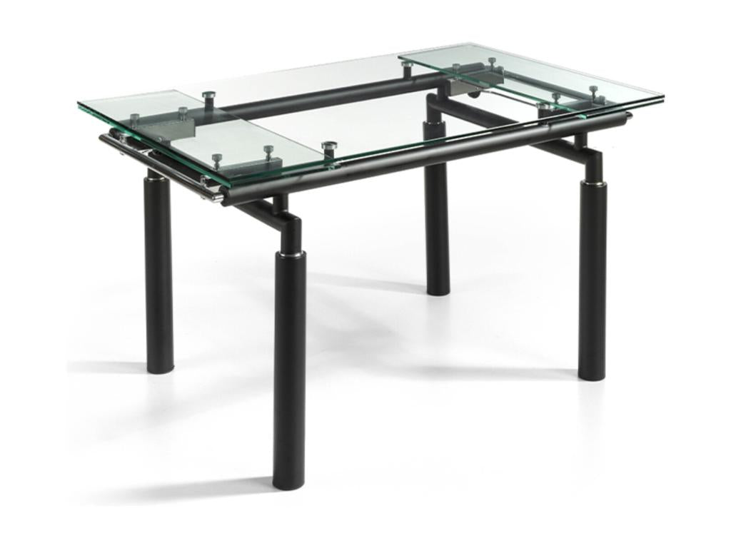 Chicyla extendable designer dining table with clear glass and black metal legs, 140 to 200cm OJAJ84316
