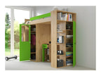 Mezzanine bed 90x200cm with ladder, wardrobe, desk, bookcase and many shelves VENA L Oak Decohaute/green IFQE53346