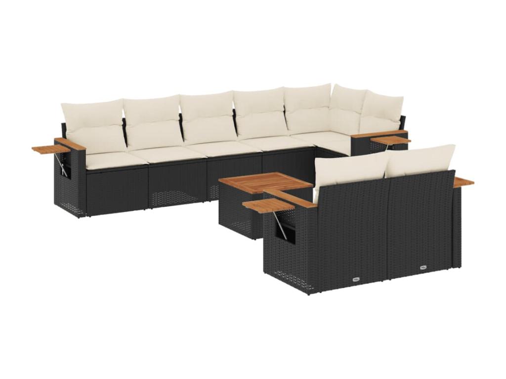 9-piece garden furniture set with cushions, black woven resin SBTM47353