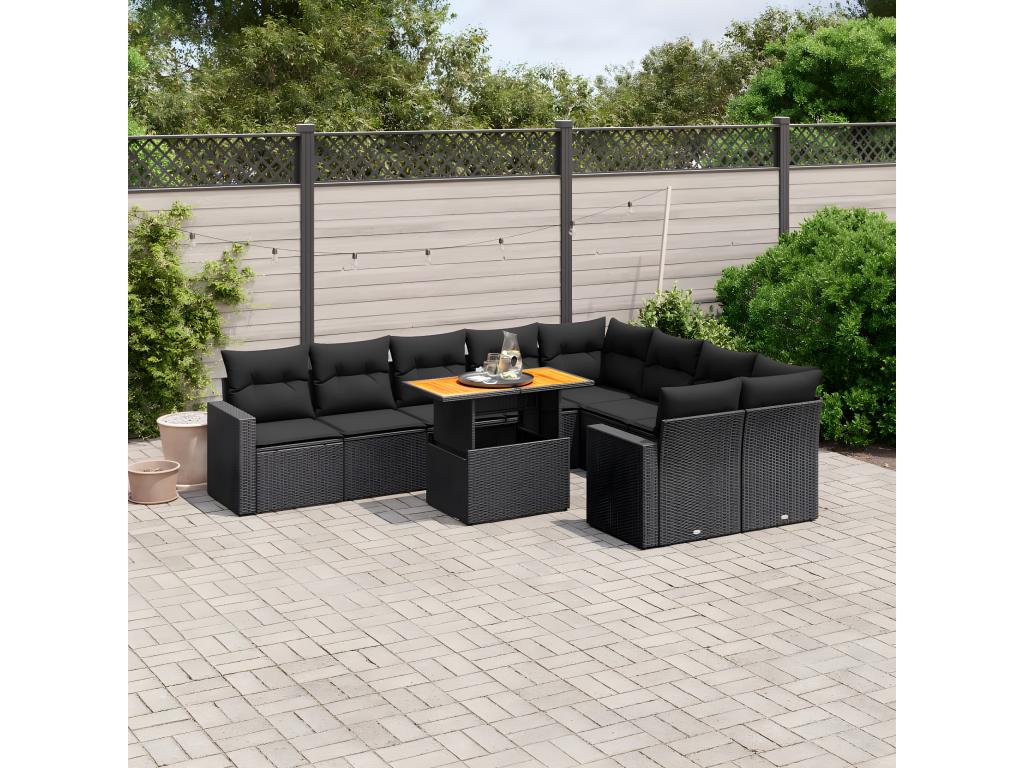 10-piece garden furniture set with cushions, black woven resin PEET80214