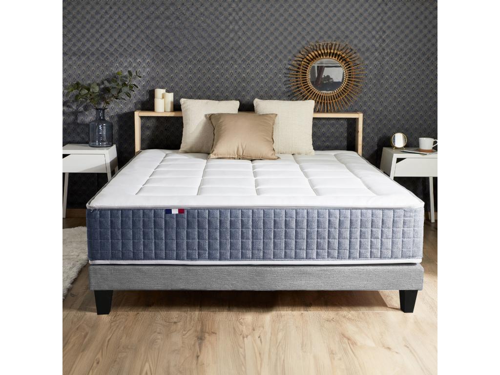 Domopure STYLE 7-Zone Memory Foam Spring Mattress and Slatted Base Set - Made in France - Dimensions: 160x200 cm - Heather Grey - POJH78171