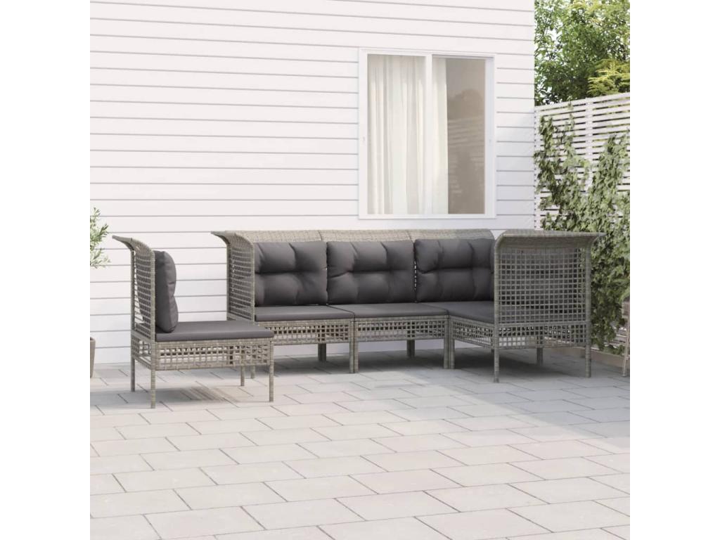 5-piece garden furniture set with cushions, grey woven resin, TDCX24642