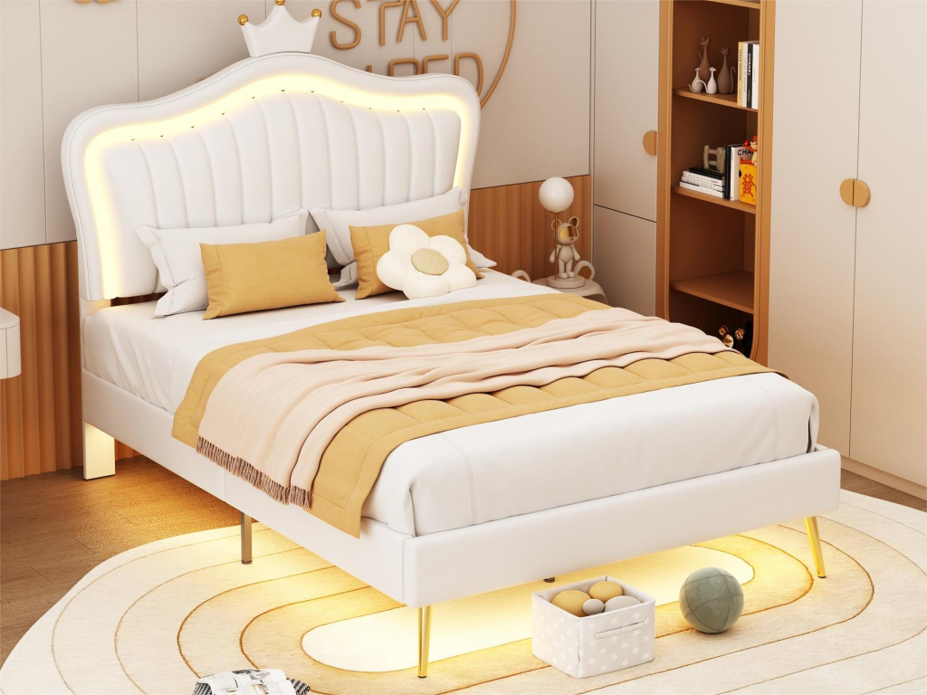 Lit avec tête de lit 90x200 cm - similicuir - LEDs - pièds métal doré - pour enfants - blanc UAOG54843