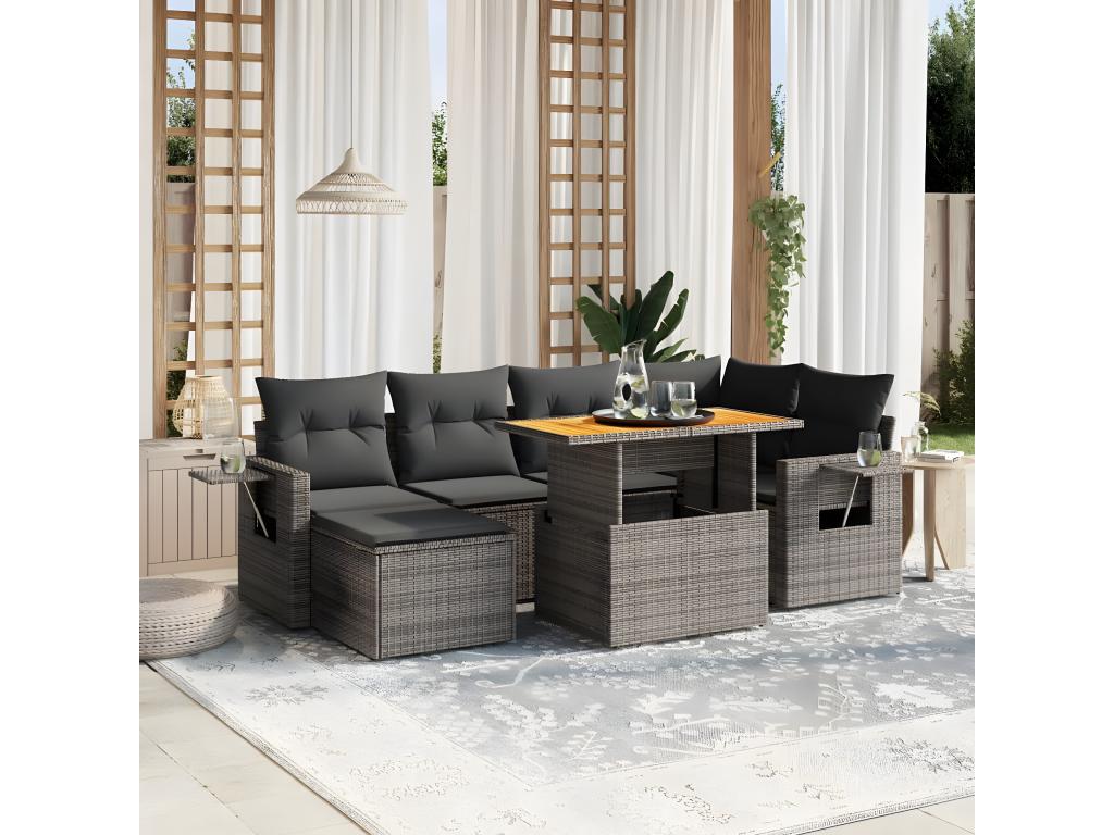 7-piece garden furniture set with cushions, grey woven resin IQFP77090