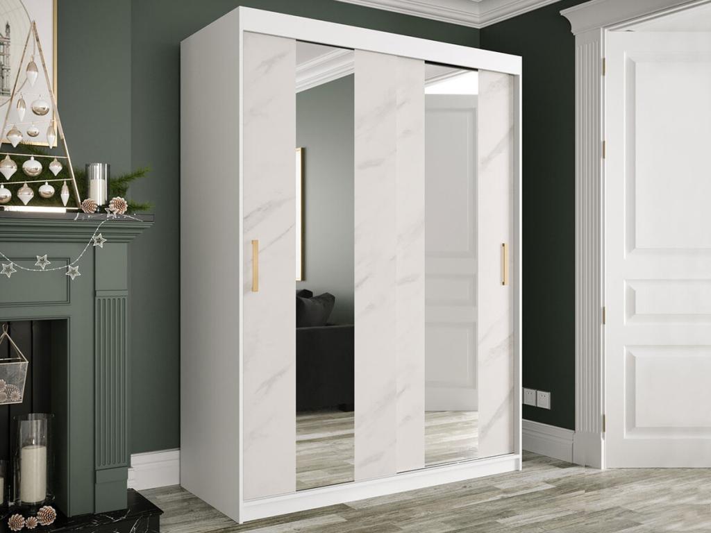 Domopure 242 White Marble Wardrobe - Matte White 200x150x62cm Sliding Wardrobe Doors ZYQU42511