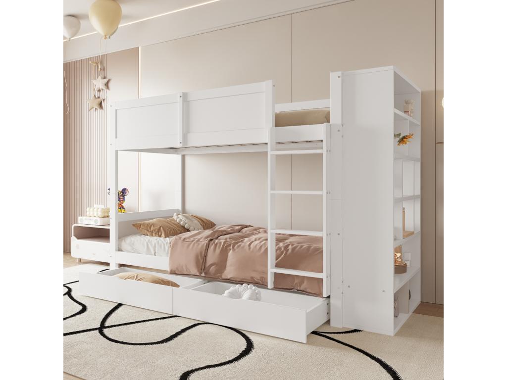 Chicyla white bunk bed 90x200 cm with storage unit, two drawers, and slatted base HSGK42524