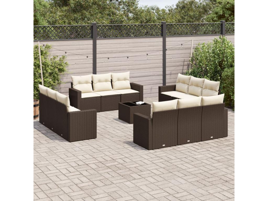 Garden furniture set with cushions, 13 pieces, brown woven resin YQJF84407