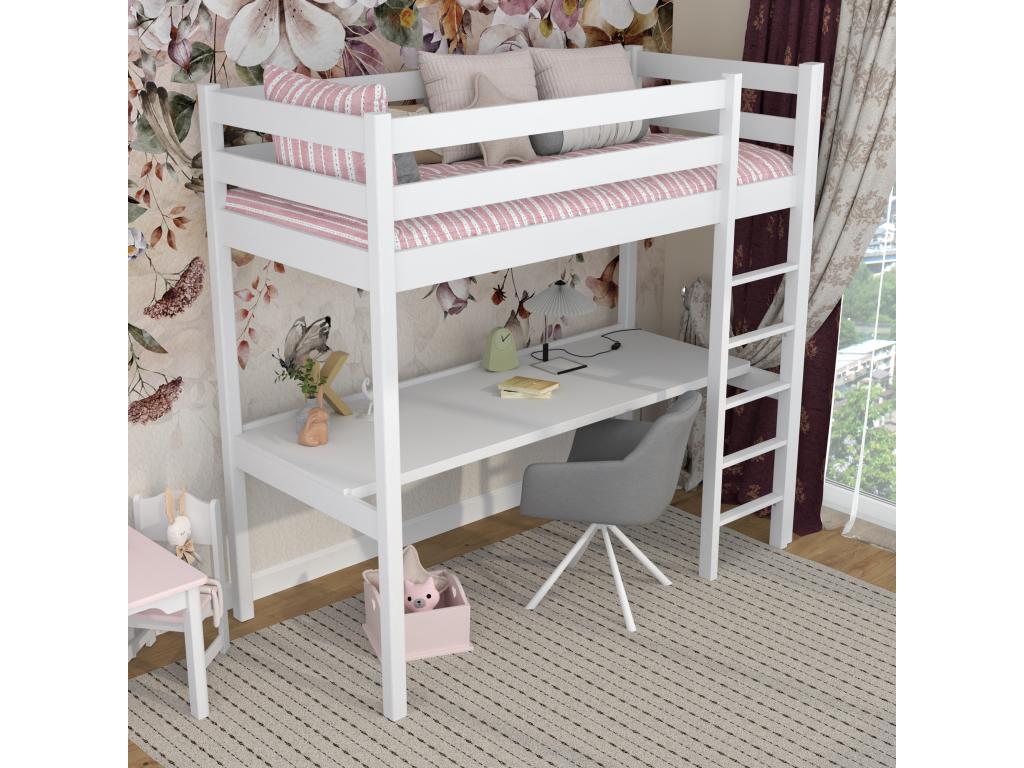 Wooden loft bed - with desk N05 White 100x190 MAPM53559