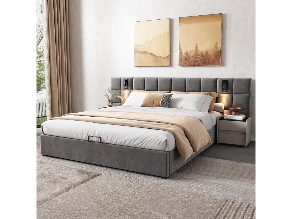 Hydraulic storage bed 140x200 cm with directional Domopureère and USB charger, without headboard, grey velvet ZBJQ01382