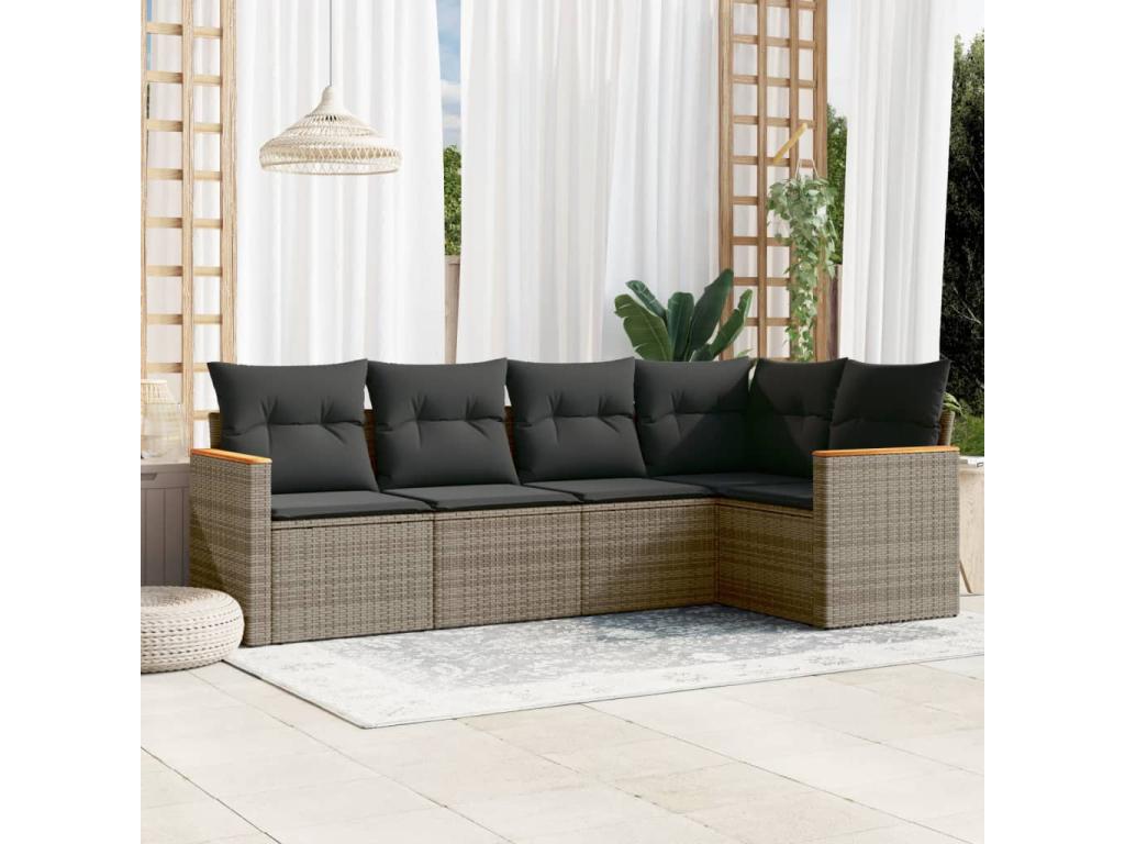 Salon de jardin 5 pcs avec coussins gris résine tressée NGOK16030