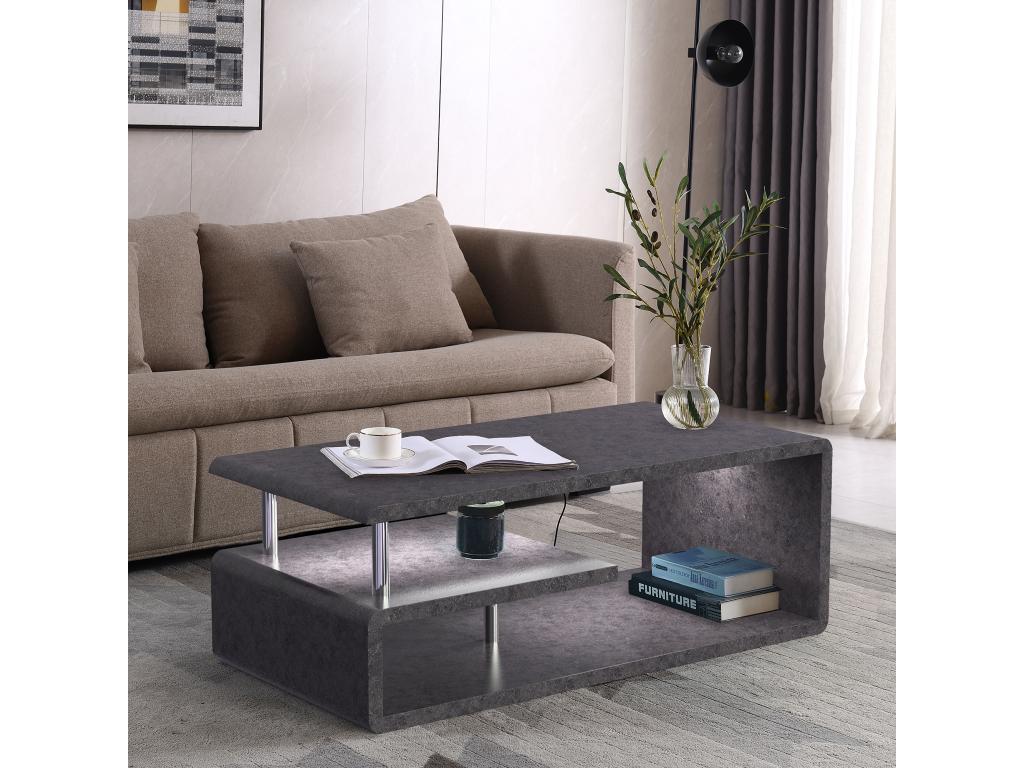 Table basse en MDF - 2 étagères - LEDs - placage gris ciment TFBV68877