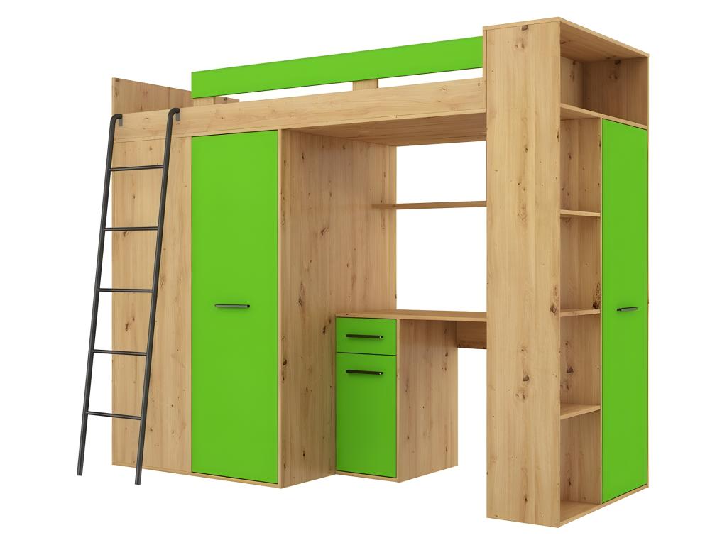 Mezzanine bed 90x200cm with ladder, wardrobe, desk, bookcase and many shelves VENA L Oak Decohaute/green IFQE53346