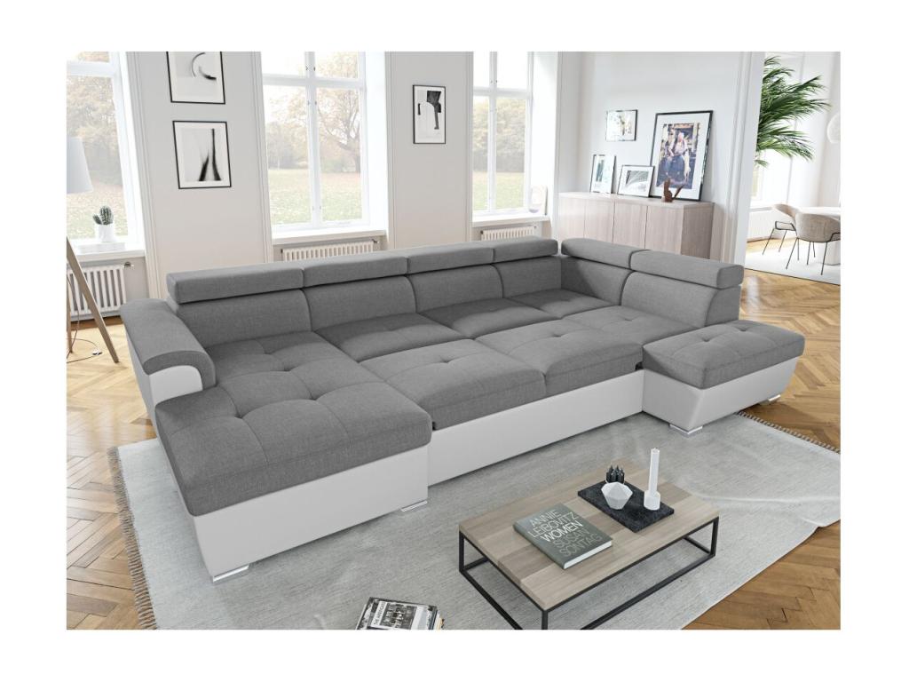 Domopure panoramic convertible sofa with 2 storage compartments in fabric and faux leather - White/Grey - W320.5 x D188 x H76cm - Domopure DCWC00633