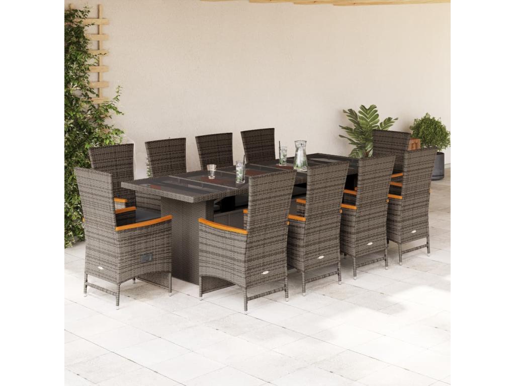 11-piece garden dining set with grey poly rattan cushions XLFI25887