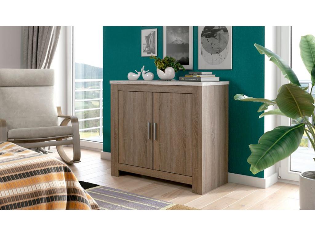 Low storage unit with 2 doors, aged white truffle oak finish - Length 99.5 x Depth 45 x Height 90.50 cm SWQT79187