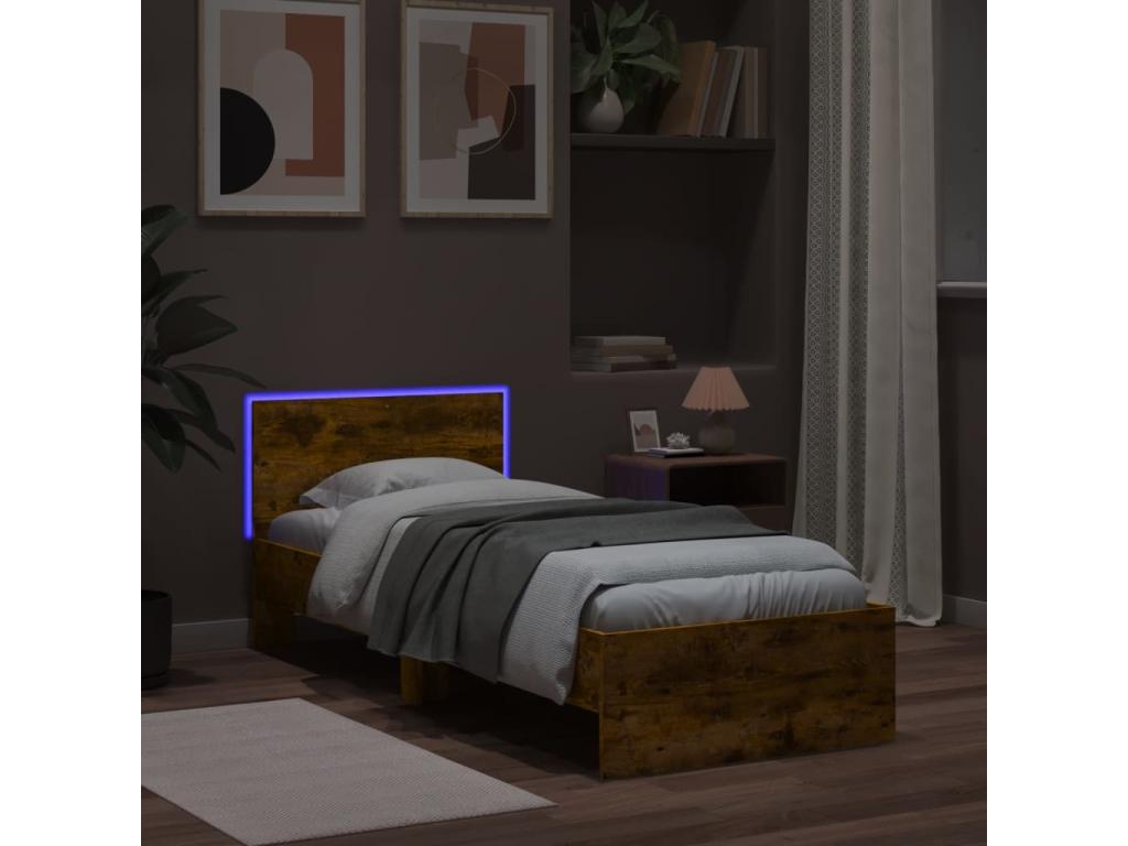 Bed frame, headboard and Domopureères LED, smoked oak, 90x190 cm PSJL33802