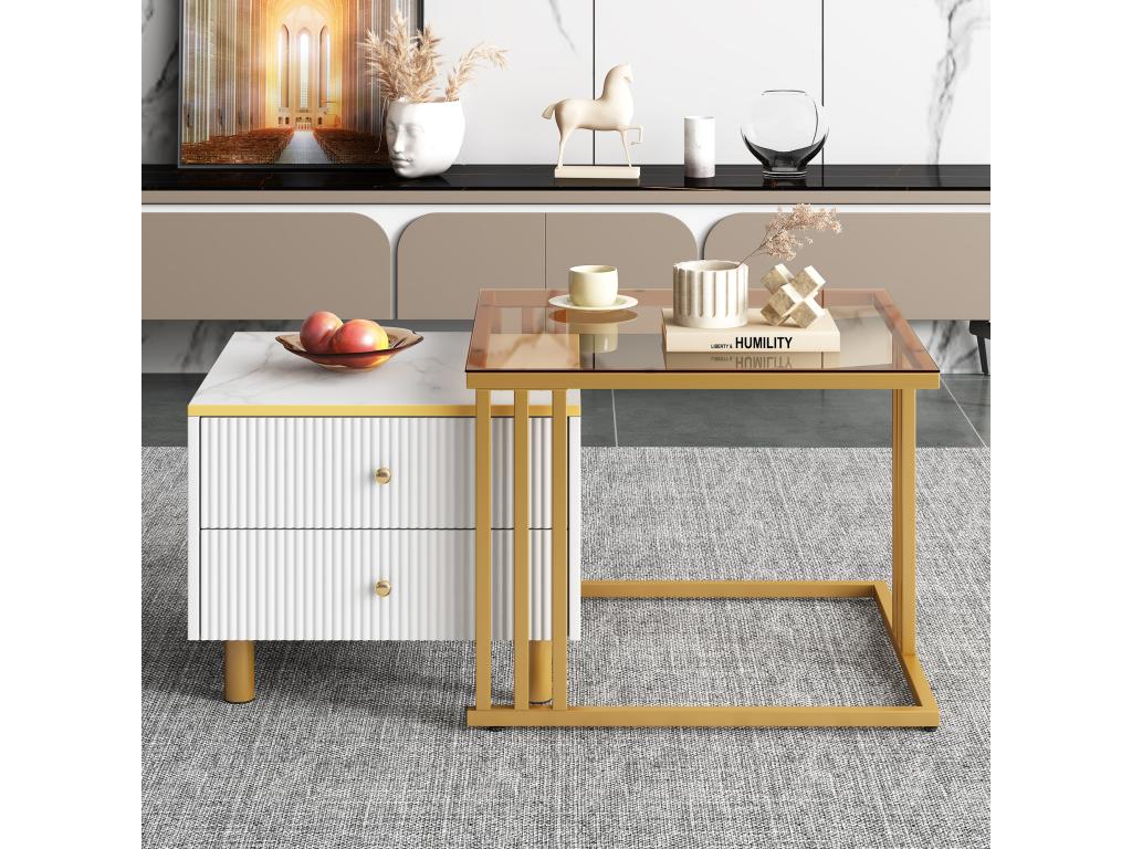 Lot de 2 tables basses gigognes carrées avec 2 tiroirs - 59.5x60x45.6cm 50x50x40cm - Motif à marbre - Bois MDF et métal - Blanc or HOUI94760