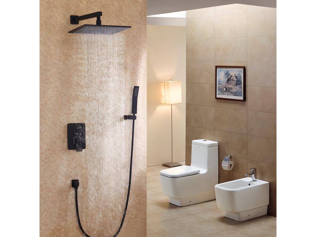 Douche de pluie fixée au mur noir et ensemble de douche avec douchette en laiton massif 250 mm JJEV03140