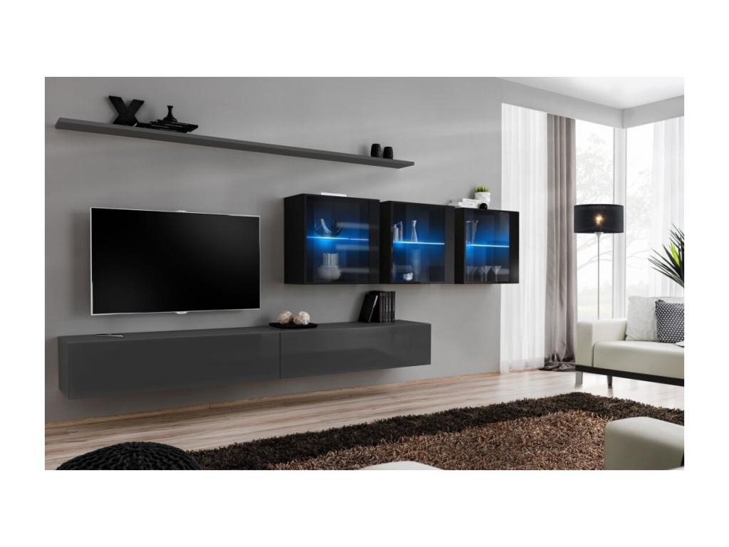 SWITCH XVII wall-mounted living room furniture set, design in grey and glossy black. OZPW13628