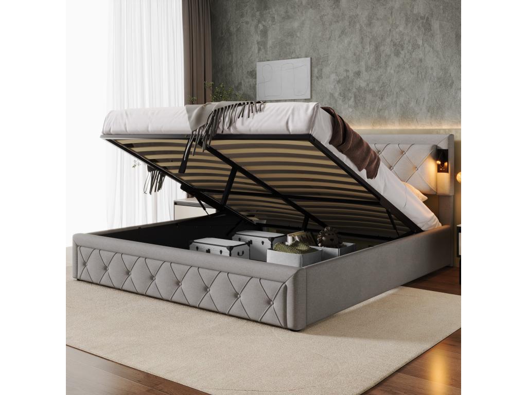 180x200 cm storage bed with headboard - LEDs and USB ports - Linen fabric - Diamond stripe pattern - Grey, without mattress VOFZ99462