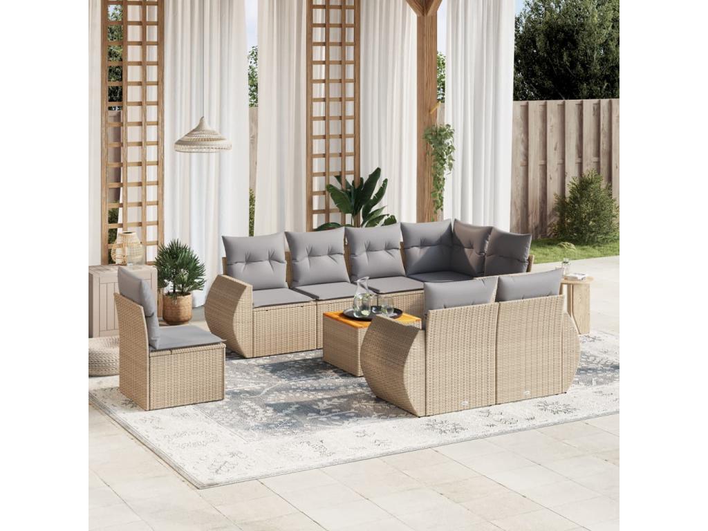 9-piece garden furniture set with cushions, beige woven resin ZKYU32136
