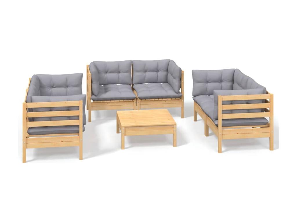 7-piece garden furniture set with grey cushions, solid pine wood MGWH38628