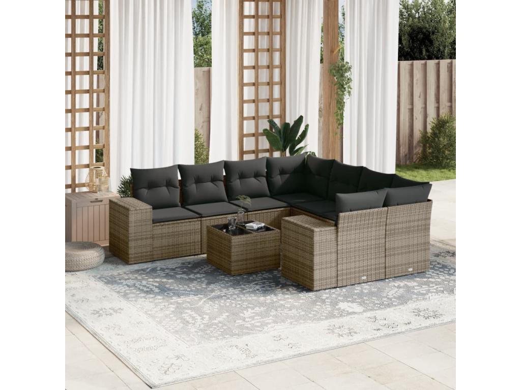 9-piece garden furniture set with grey resin wicker cushions DDEF28464
