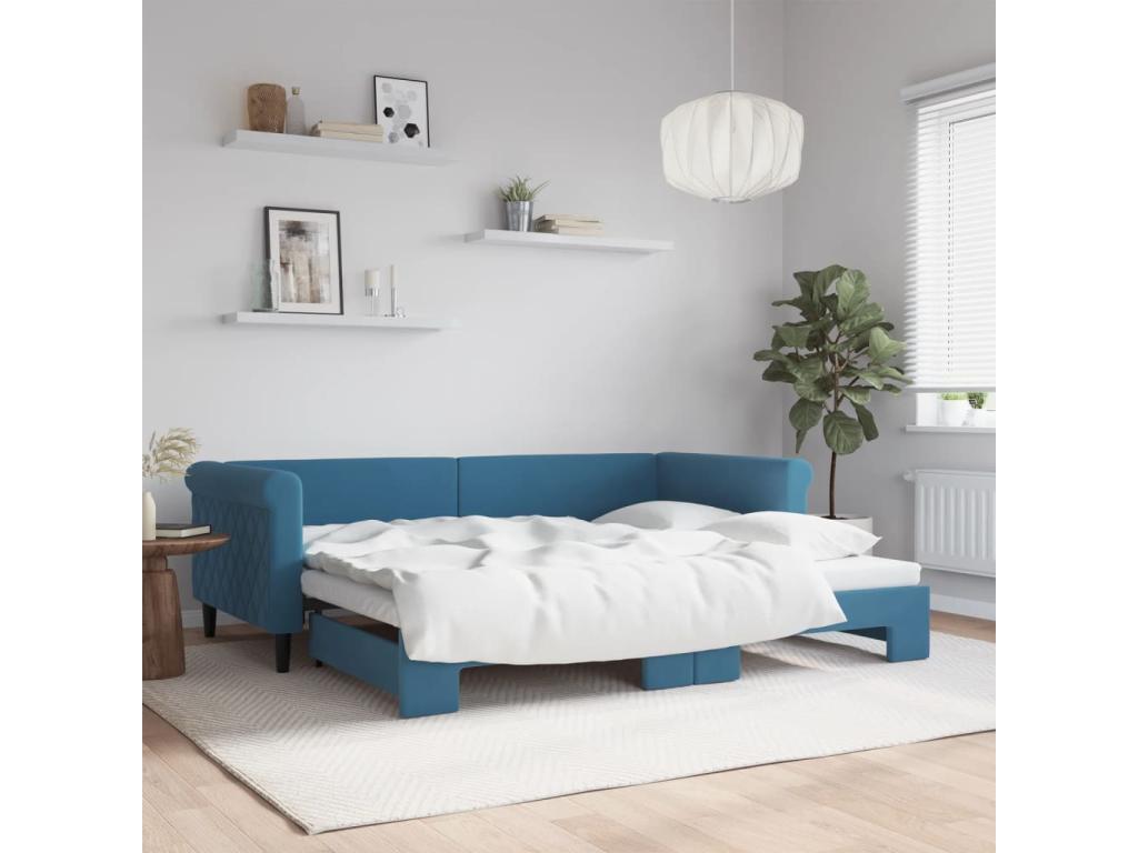 Daybed with pull-out bed, blue velvet, 90x200 cm, BZGT14665