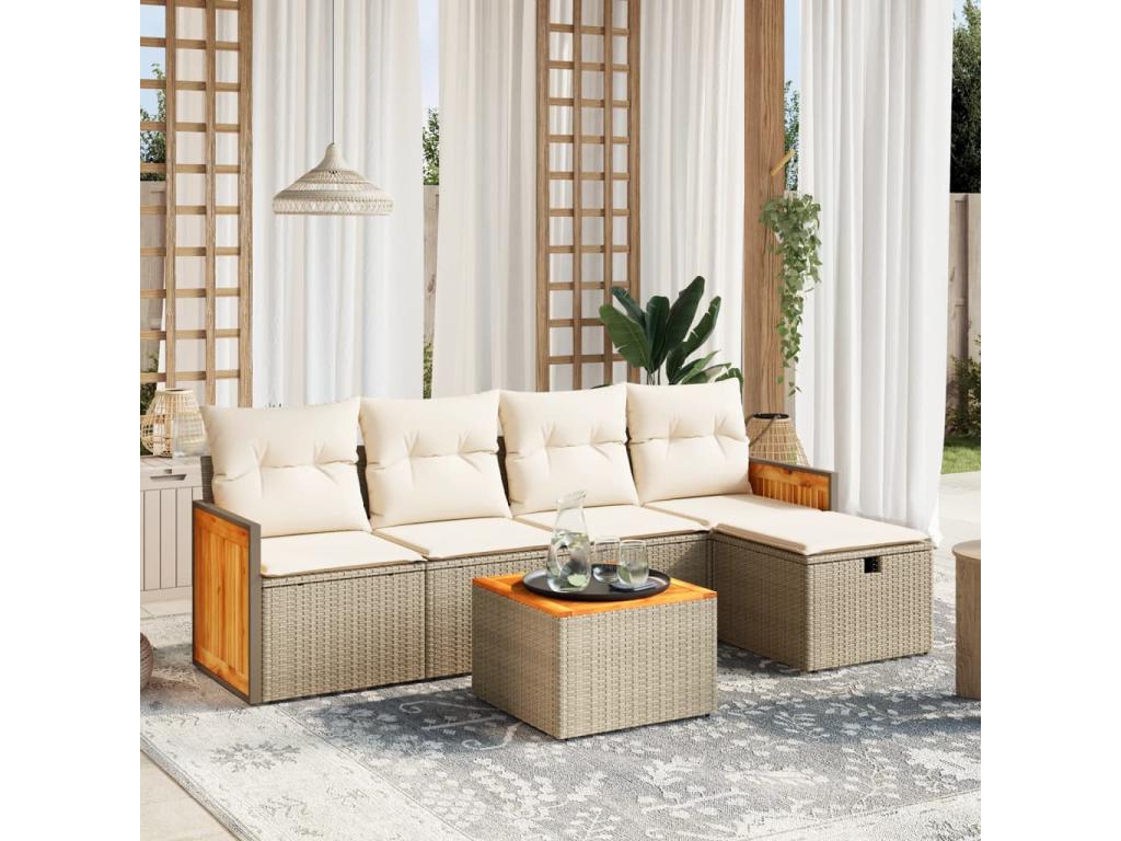 Garden furniture set with cushions, 6 pieces, beige woven resin, YUAW66848