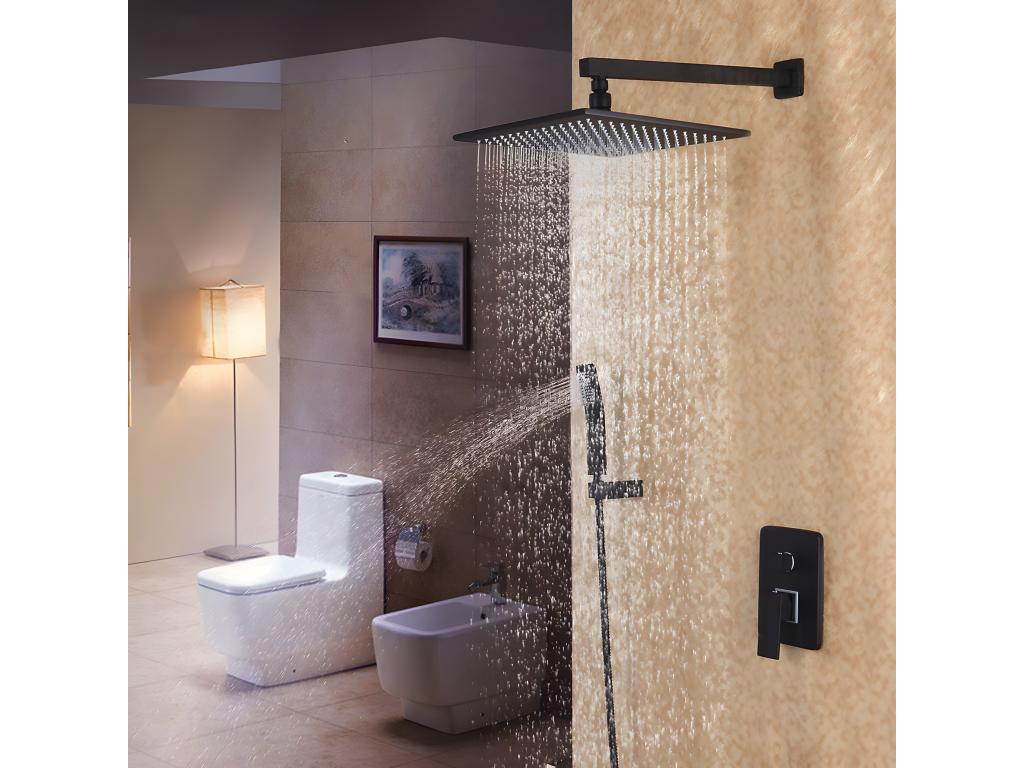 Douche de pluie fixée au mur noir et ensemble de douche avec douchette en laiton massif 250 mm JJEV03140