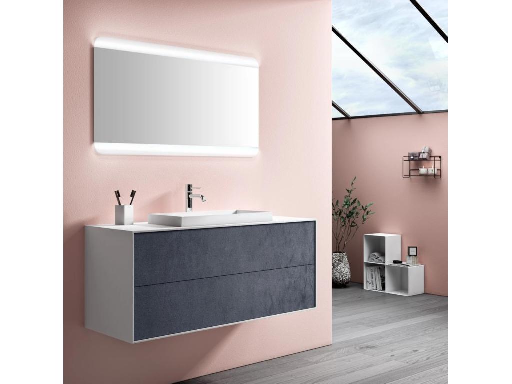 Ensemble meuble de salle de bain 2 tiroirs laqué blanc et bleu gris et miroir lumineux Domopure L 120cm KCRM47682