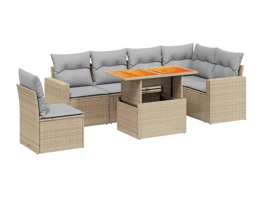 7-piece garden furniture set with cushions, beige woven resin MDHA16781
