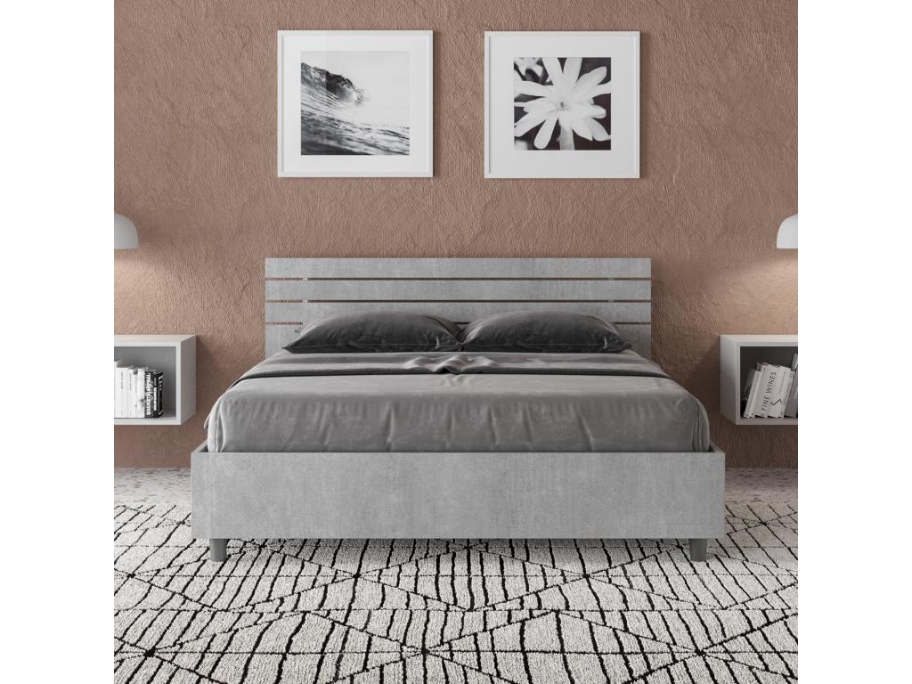 Domopure HKGM81998 Double Bed with Storage 140x200, Slanted Headboard with Concrete Grey Slats