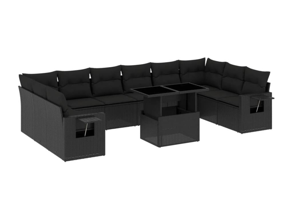 11-piece garden furniture set with cushions, black woven resin DIQN85811
