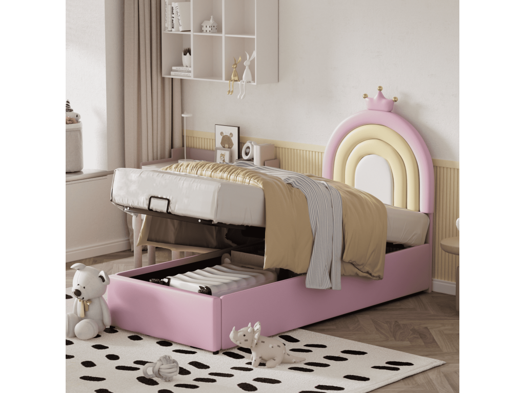 Upholstered bed, pink, 90 x 200 cm, Domopure bed frame and headboard, wooden support, height-adjustable headboard QHYP98261