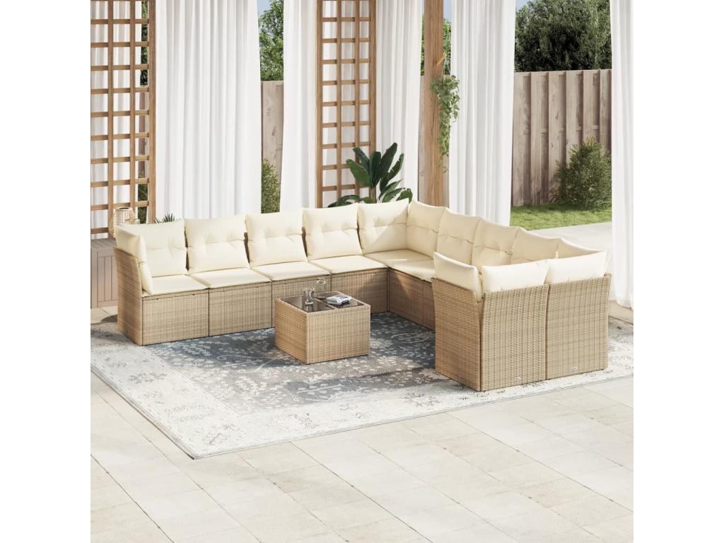 11-piece garden furniture set with beige resin wicker cushions EQIV21370
