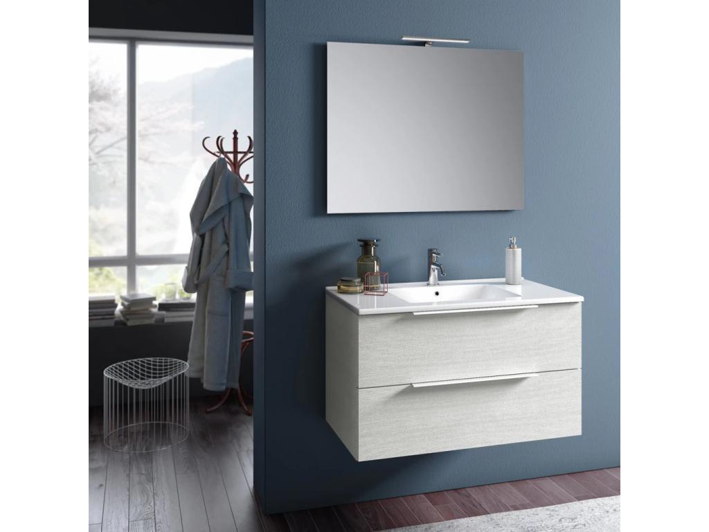 Ensemble meuble de salle de bain 2 tiroirs bois blanc et miroir à LED Domopure L 100cm WGDG00586
