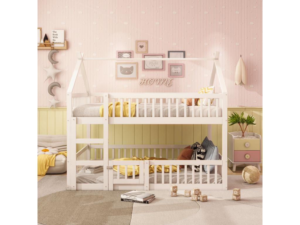 Children's Bunk Bed 140x200 Family Bed for Children with Stairs Solid Wood Bunk Bed Frame White JRTN91876