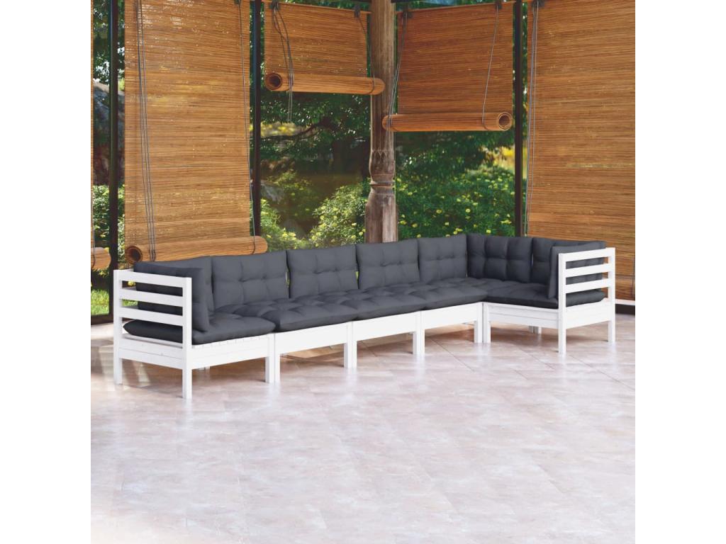 Salon de jardin 6 pièces avec coussins blanc bois de pin HJIR93169